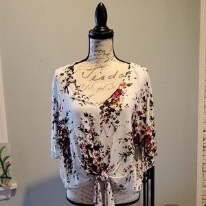 LUQ Chic Floral Tie-Front Blouse  Boho Feminine- White and Purple